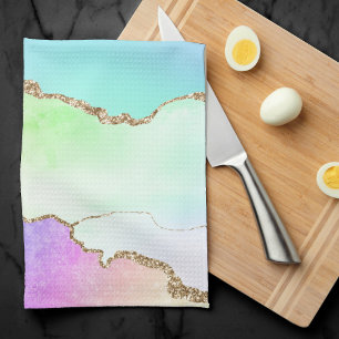 Holo Agate Faux Iridescent Pastel Ombre Marble Kitchen Towel