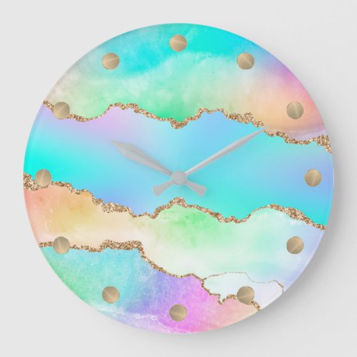 Holo Agate  Faux Iridescent Pastel Ombre Marble Large Clock