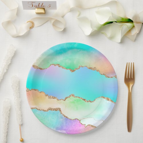 Holo Agate  Faux Iridescent Pastel Ombre Marble Paper Plates