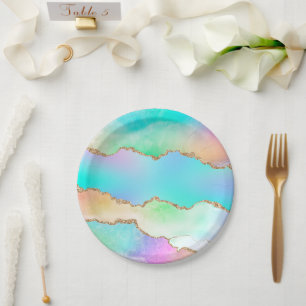 Holo Agate   Faux Iridescent Pastel Ombre Marble Paper Plates