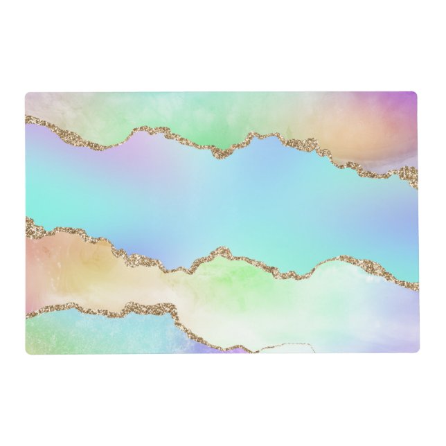 Holo Agate | Faux Iridescent Pastel Ombre Marble Placemat (Front)