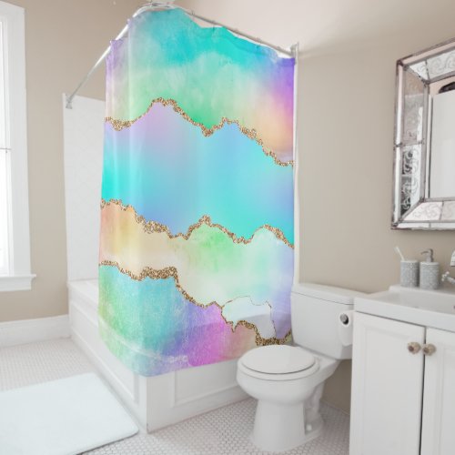 Holo Agate  Faux Iridescent Pastel Ombre Marble Shower Curtain