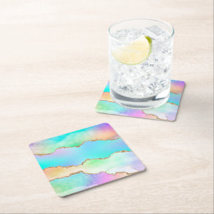 Holo Agate Faux Iridescent Pastel Ombre Marble Square Paper Coaster