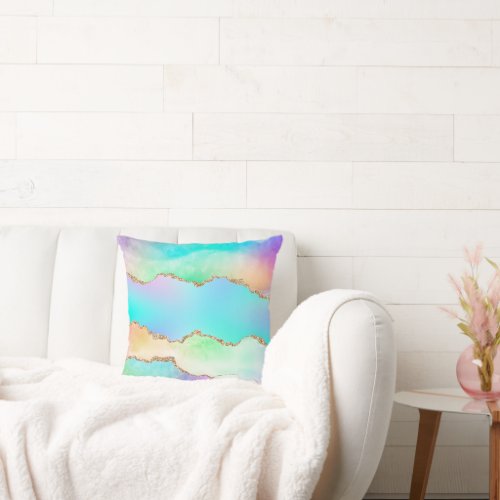 Holo Agate  Faux Iridescent Pastel Ombre Marble Throw Pillow