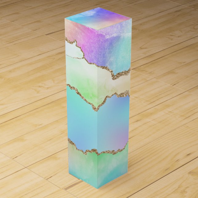 Holo Agate | Faux Iridescent Pastel Ombre Marble Wine Box (Front)