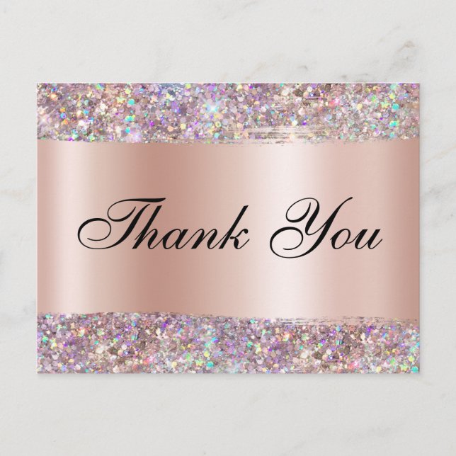 Holo Glitter Edge Rose Gold Foil Thank You Postcard (Front)
