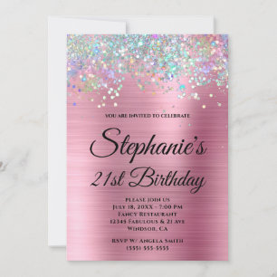 Holo Glitter Girly Pink Foil Fancy Monogram Invitation
