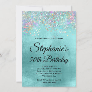 Holo Glitter Pale Aqua Blue Foil Fancy Monogram Invitation