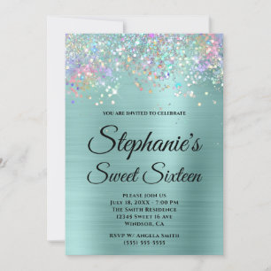Holo Glitter Pale Turquoise Foil Sweet Sixteen Invitation
