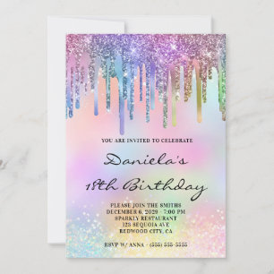 Holo Glitter Rainbow Drips 18th Birthday Invitation