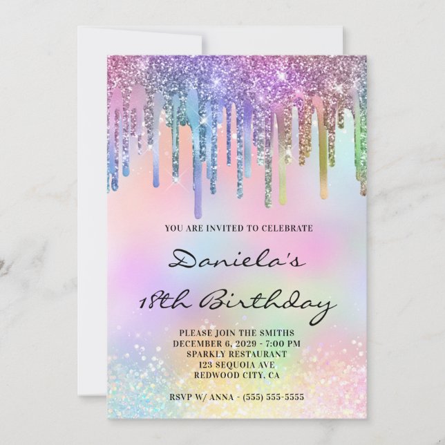 Holo Glitter Rainbow Drips 18th Birthday Invitation (Front)