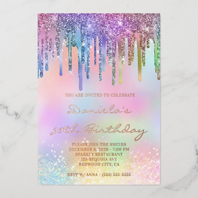 Holo Glitter Rainbow Drips 50th Birthday Foil Invitation (Front)
