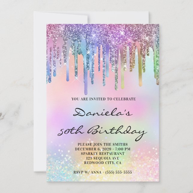 Holo Glitter Rainbow Drips 50th Birthday Invitation (Front)