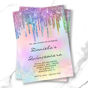 Holo Glitter Rainbow Drips Quinceañera Invitation