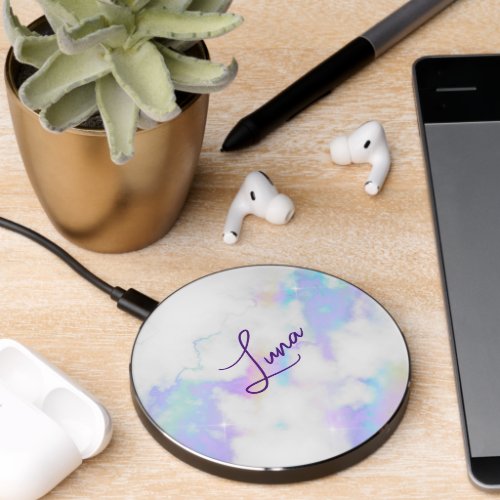 Holo Marble Glam Handwritten Signature Script Wireless Charger