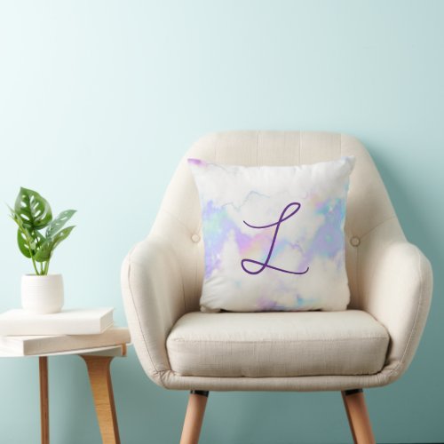 Holo Rainbow Marble Glam Handwritten Monogram Throw Pillow