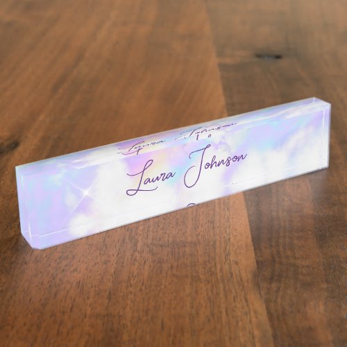 Holo Rainbow Marble Glam Handwritten Signature Desk Name Plate