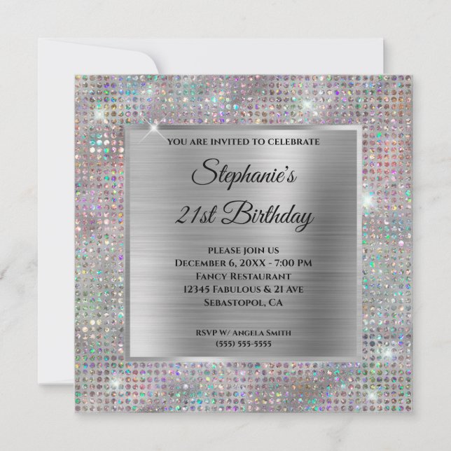 Holo Silver Diamond Studded Foil 21st Birthday Invitation (Front)