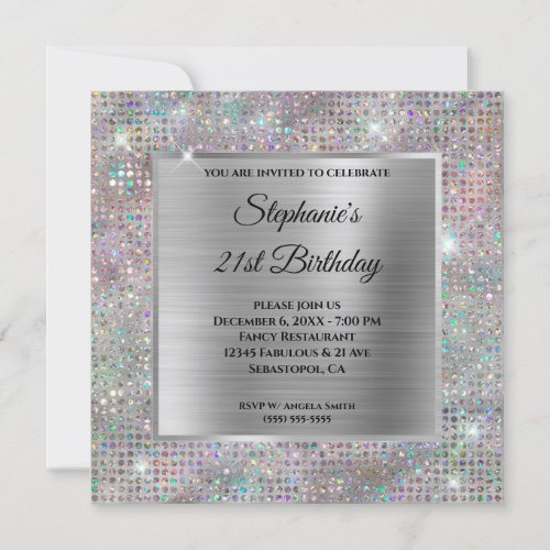 Holo Silver Diamond Studded Foil 21st Birthday Invitation