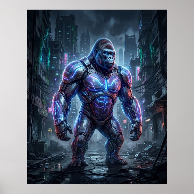Hologram Gorilla Neon Ruins Poster (Front)