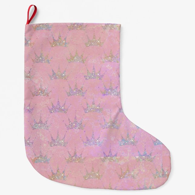 Hologram Holograph Glitter Crown Pink Swirl Marble Large Christmas Stocking (Front)