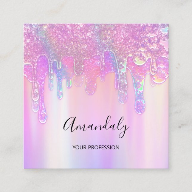 Holograph Blue Drip Cosmetics Nails Pink Logo  Square Business Card (Front)