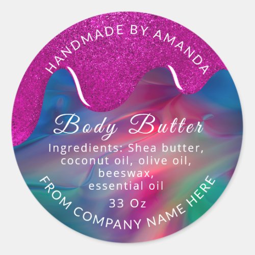 Holograph Custom Logo Name Body Butter Drip  Pink  Classic Round Sticker