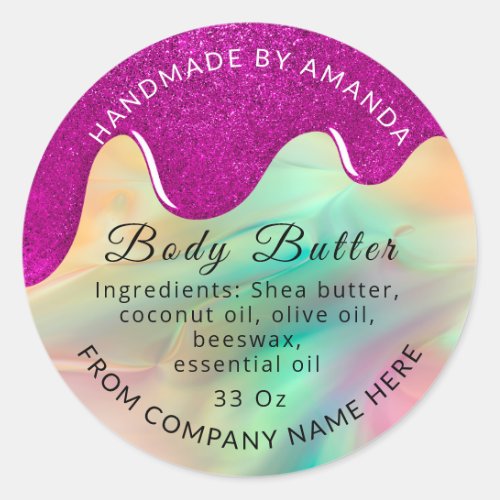 Holograph Custom Logo Name Body Butter Drips Classic Round Sticker