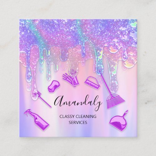 Holograph Drip Soap Pink Logo Cleaning Maid  Square Business Card