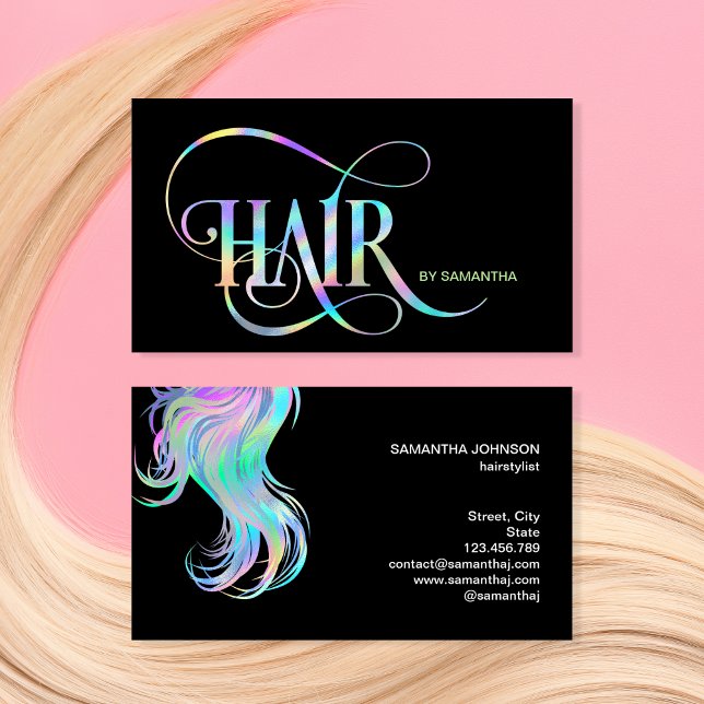 Holograph Hair stylist typography hair extension Business Card