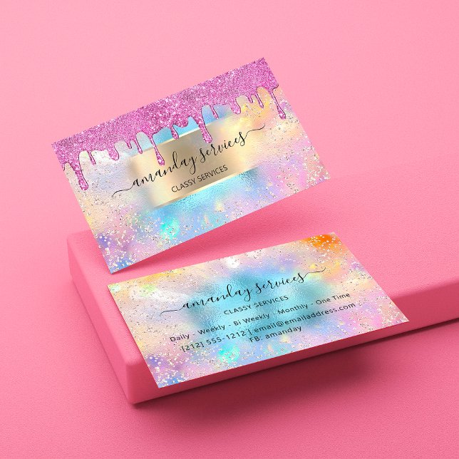 Holograph Makeup Boutique Shop Ocean Pink Wax Drip Business Card (Creator Uploaded)
