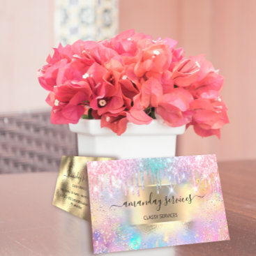 Holograph Makeup Boutique Shop Pink Glitter Drips Business Card