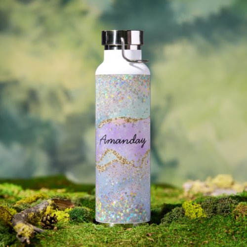 Holograph Pink Glitter Effect Unicorn Mermaid Name Water Bottle