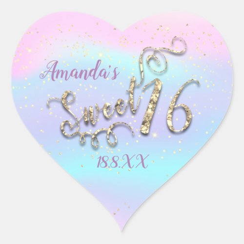 Holograph Sweet 16th Unicorn Heart Glitter Pink Heart Sticker