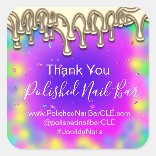 Holograph Thank You Boutique Drip Hot Pink Gold Square Sticker