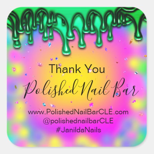 Holograph Thank You Boutique Drip Hot Pink Green Square Sticker