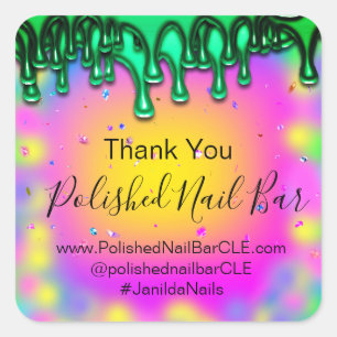 Holograph Thank You Boutique Drip Hot Pink Green Square Sticker