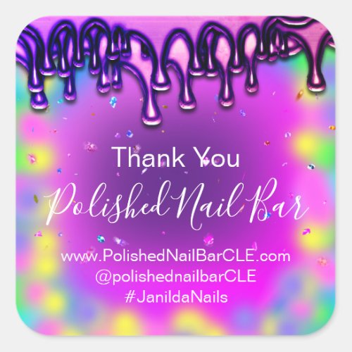 Holograph Thank You Boutique Drip Nail Pink Purple Square Sticker