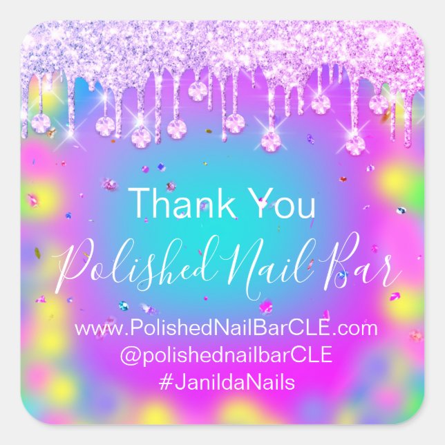 Holograph Thank You Diamond Drip Nails Hot PinkVIP Square Sticker (Front)