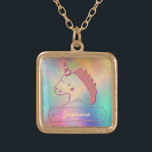 Holographic 3D Unicorn Custom Name        Gold Plated Necklace<br><div class="desc">This simple design features a glossy 3D unicorn with a name plank. The background includes a holographic of rainbow color. This magical holographic unicorn comes with easy customization of name using the "Personalized" button. Drop by my store for all the matching products.</div>