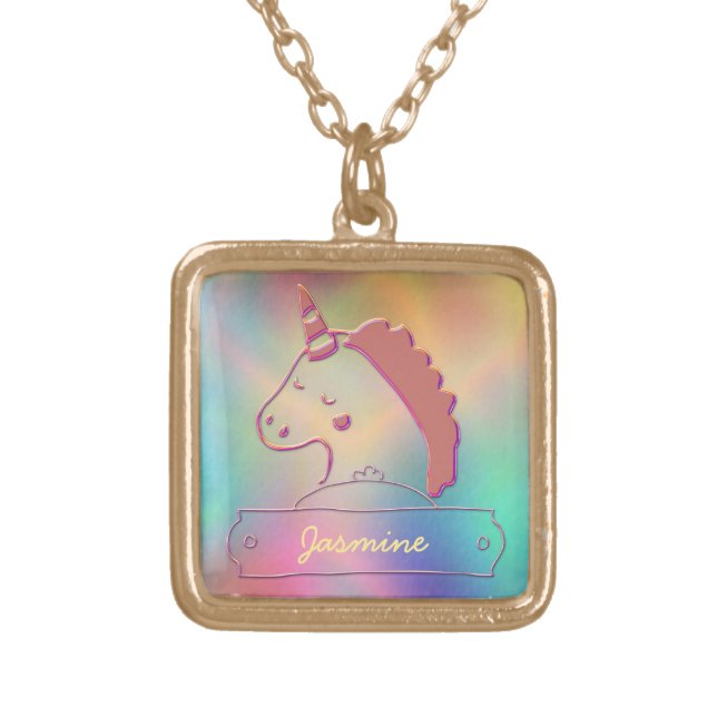 Holographic 3D Unicorn Custom Name        Gold Plated Necklace (Front)