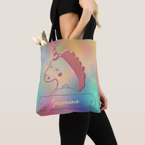 Holographic 3D Unicorn Custom Name  Tote Bag