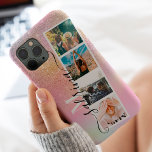 Holographic 4 photos grid collage name monogram iPhone 12 case<br><div class="desc">Modern 4 photos grid collage name and monogram pink glitter ombre on holographic gradient with a photo booth style collage</div>