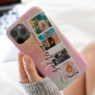 Holographic 4 photos grid collage name monogram iPhone XR case