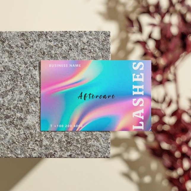 Holographic Aesthetician Lash Client After Care Business Card (Golden Details Lash Client After Care Instruction Business Card)