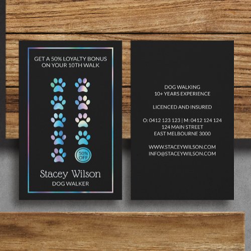  Holographic And Charcoal Paw Print Dog Groomer Business Card