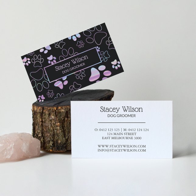  Holographic And Charcoal Paw Print Pet Groomer Bu Business Card (Creator Uploaded)