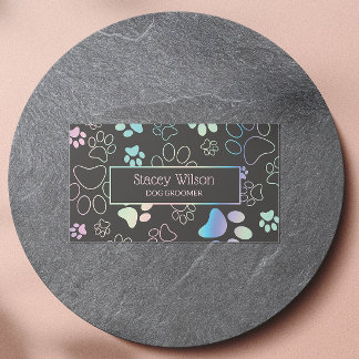 Holographic And Charcoal Paw Print Pet Groomer Business Card