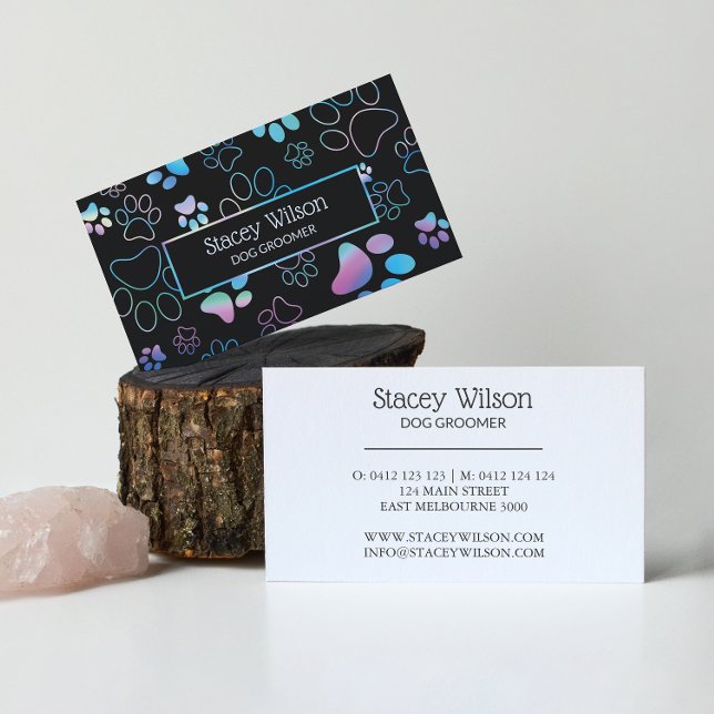  Holographic And Charcoal Paw Print Pet Groomer Business Card (Creator Uploaded)