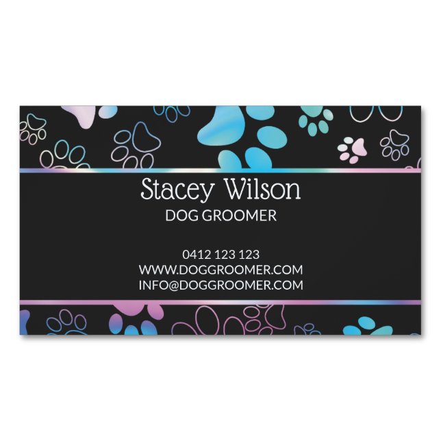  Holographic And Charcoal Paw Print Pet Groomer  Business Card Magnet (Front)